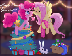 Size: 3730x2915 | Tagged: safe, artist:astralblues, angel bunny, fluttershy, gummy, pinkie pie, angel, earth pony, pegasus, pony, rabbit, g4, animal, blushing, boop, carrot, cute, diapinkes, female, food, garland, happy new year 2018, heart, high res, lesbian, lights out, new year, noseboop, ship:flutterpie, shipping, shy, shyabetes