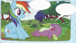 Size: 751x430 | Tagged: safe, edit, rainbow dash, spike, dragon, g4, official, blushing, magazine scan, out of context, scan, speech bubble, template