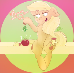 Size: 900x893 | Tagged: safe, artist:bow2yourwaifu, applejack, earth pony, pony, g4, abstract background, apple, cargo ship, christmas, confused, female, food, freckles, holiday, implied kissing, lidded eyes, mare, mistletoe, question mark, shipping, solo, that pony sure does love apples