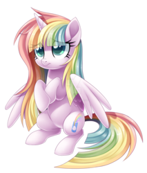 Size: 1600x1880 | Tagged: safe, artist:centchi, oc, oc only, oc:sweet dreams, alicorn, pony, alicorn oc, female, mare, rainbow hair, simple background, sitting, solo, transparent background, watermark
