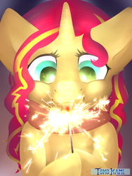 Size: 1200x1600 | Tagged: safe, artist:tokokami, sunset shimmer, pony, unicorn, g4, cute, female, fiery shimmer, mare, new year, shimmerbetes, solo, sparkler (firework)