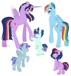 Size: 1280x1377 | Tagged: safe, artist:detoxx-retoxx, rainbow dash, twilight sparkle, oc, alicorn, pony, g4, family, female, lesbian, magical lesbian spawn, offspring, parent:rainbow dash, parent:twilight sparkle, parents:twidash, ship:twidash, shipping, simple background, transparent background, twilight sparkle (alicorn), watermark