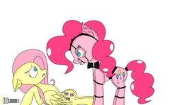 Size: 3720x2282 | Tagged: safe, artist:ferretlovr257, fluttershy, pinkie pie, earth pony, pegasus, pony, robot, robot pony, g4, bowtie, duo, female, five nights at freddy's, five nights at pinkie's, flashlight (object), frown, gritted teeth, high res, lying, mare, on back, simple background, smiling, standing, white background, worried