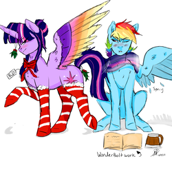 Size: 2400x2400 | Tagged: safe, artist:captainloafnugget, rainbow dash, twilight sparkle, alicorn, pegasus, pony, g4, christmas, clothes, colored wings, duo, female, high res, holiday, holly, holly mistaken for mistletoe, lesbian, mistletoe, mistletoe abuse, multicolored wings, seduction, ship:twidash, shipping, socks, striped socks, tail, tail seduce, twilight sparkle (alicorn), wings