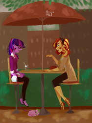 Size: 751x1000 | Tagged: safe, artist:endarie, sci-twi, spike, spike the regular dog, sunset shimmer, twilight sparkle, dog, equestria girls, g4, alternate clothes, alternate hairstyle, date, eyes closed, female, lesbian, sandals, ship:sci-twishimmer, ship:sunsetsparkle, shipping, talking, umbrella