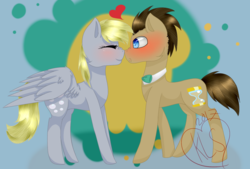 Size: 1381x934 | Tagged: safe, artist:kittynightsky, derpy hooves, doctor whooves, time turner, earth pony, pegasus, pony, g4, blushing, boop, cute, eyes closed, female, heart, male, mare, noseboop, nuzzling, ship:doctorderpy, shipping, stallion, straight