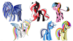 Size: 3309x1861 | Tagged: safe, artist:lixthefork, oc, oc only, alicorn, bat pony, earth pony, pony, unicorn, alicorn oc, leonine tail, rainbow hair, simple background, sketch, sketch dump, transparent background