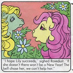 Size: 326x324 | Tagged: safe, honeysuckle, lily (g1), rosedust, pony, comic:my little pony (g1), g1, comic, context is for the weak, female, happy new year, holiday, panel, the snowdrop ceremony