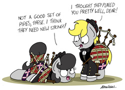 Size: 2050x1466 | Tagged: safe, artist:bobthedalek, oc, oc only, oc:mixed melody, oc:octavia's father, oc:octavia's mother, oc:ostinato melody, earth pony, pony, bagpipes, clothes, dialogue, female, hat, kilt, male, mare, musical instrument, open mouth, simple background, stallion, tied up, white background