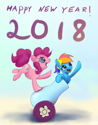 Size: 1565x2000 | Tagged: safe, artist:xbi, pinkie pie, rainbow dash, pony, g4, 2018, happy new year, happy new year 2018, holiday, party cannon, pony cannonball