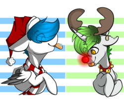 Size: 6000x5000 | Tagged: safe, artist:maximkoshe4ka, oc, oc only, oc:jeremy, oc:michael, pegasus, pony, unicorn, absurd resolution, antlers, clothes, male, red nose, reindeer antlers, scarf, stallion, tongue out