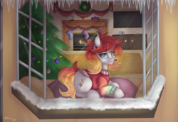 Size: 4500x3100 | Tagged: safe, artist:merienvip, oc, oc only, earth pony, pony, christmas, christmas tree, clothes, female, fireplace, high res, holiday, mare, prone, solo, sweater, tree, window, wreath