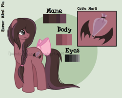 Size: 1443x1153 | Tagged: safe, artist:ipandacakes, oc, oc only, oc:humor mimi pie, earth pony, pony, bow, female, mare, offspring, parent:cheese sandwich, parent:pinkie pie, parents:cheesepie, reference sheet, solo, tail bow