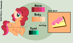 Size: 1834x1094 | Tagged: safe, artist:ipandacakes, oc, oc only, oc:chimi cherry cheesecake, earth pony, pony, female, mare, offspring, parent:cheese sandwich, parent:pinkie pie, parents:cheesepie, reference sheet, solo