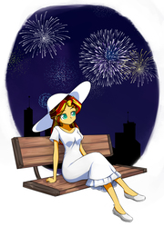 Size: 1164x1621 | Tagged: safe, artist:twilite-sparkleplz, sunset shimmer, equestria girls, g4, 2018, bench, city, clothes, dress, female, fireworks, happy new year 2018, silhouette, sitting, solo