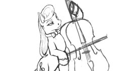 Size: 662x373 | Tagged: safe, artist:wwredgrave, octavia melody, earth pony, pony, g4, black and white, cello, female, grayscale, mare, monochrome, musical instrument, musician, playing, sketch, solo, violence, violin