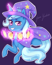 Size: 3200x4000 | Tagged: safe, artist:yumeyuuheii, trixie, pony, unicorn, g4, cape, card, clothes, female, hat, looking at you, magic, mare, purple background, simple background, trixie's cape, trixie's hat