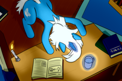 Size: 1200x800 | Tagged: safe, artist:gexon_pane, oc, oc only, oc:icy wave, pony, unicorn, bed, book, bookshelf, candle, carpet, female, glass, magic, mare, solo, table