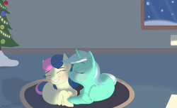 Size: 3038x1844 | Tagged: safe, artist:megaanimationfan, bon bon, lyra heartstrings, sweetie drops, earth pony, pony, unicorn, g4, blushing, cheek kiss, christmas, christmas tree, crossed hooves, eyes closed, female, fireplace, holiday, kissing, lesbian, mare, night, nose wrinkle, prone, rug, ship:lyrabon, shipping, signature, smiling, snow, tree, window