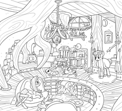 Size: 8800x8000 | Tagged: safe, artist:docwario, angel bunny, fluttershy, oc, oc:willowtree, deer, pegasus, pony, rabbit, g4, absurd resolution, animal, book, bookshelf, candle, canon x oc, chair, chandelier, fireplace, lineart, monochrome