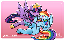 Size: 2362x1476 | Tagged: safe, artist:xenosaga428, rainbow dash, twilight sparkle, alicorn, pegasus, pony, g4, angry, bedroom eyes, blushing, collar, crown, female, floppy ears, frog (hoof), heart, hoof shoes, jewelry, lesbian, looking at each other, looking at you, looking up, pet, pet play, pet tag, pet-dash, raised tail, regalia, ship:twidash, shipping, spread wings, spreading, tail, tail aside, twilight sparkle (alicorn), underhoof, wingboner, wings