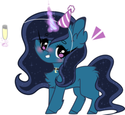 Size: 1024x941 | Tagged: safe, artist:mauuwde, oc, oc only, oc:moonie, pony, alcohol, champagne, chest fluff, hat, magic, party hat, simple background, solo, telekinesis, transparent background, wine