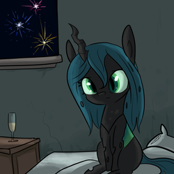 Size: 3000x3000 | Tagged: safe, artist:tjpones, queen chrysalis, changeling, changeling queen, g4, cute, cutealis, female, fireworks, glass, happy new year, high res, holiday, lonely, sad, solo, wine glass