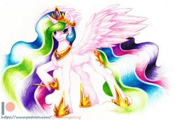 Size: 1280x874 | Tagged: safe, artist:thatonegib, princess celestia, alicorn, pony, g4, colored pencil drawing, ethereal mane, female, looking at you, mare, patreon, patreon logo, redraw, simple background, solo, spread wings, traditional art, unshorn fetlocks, white background, wings