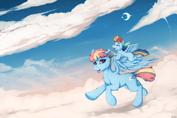 Size: 1280x853 | Tagged: safe, artist:blackkaries, rainbow dash, windy whistles, pegasus, pony, g4, cloud, crescent moon, cute, dashabetes, duo, female, filly, filly rainbow dash, hug, mare, moon, mother and daughter, night, on a cloud, sky, stars, winghug, younger