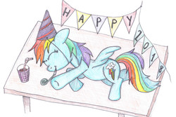 Size: 1200x800 | Tagged: safe, artist:m.w., rainbow dash, pony, g4, female, happy new year 2018, hat, new year, party hat, party horn, sleeping, solo