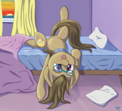 Size: 1510x1378 | Tagged: safe, artist:pexpy, oc, oc only, oc:dawnsong, earth pony, pony, g4, :p, :t, bed, blanket, choker, colored pupils, cute, daaaaaaaaaaaw, featured image, female, glasses, looking at you, mare, meganekko, ocbetes, on back, on bed, pillow, raised leg, signature, silly, smiling, solo, sunrise, tongue out, upside down, window