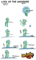 Size: 3927x6485 | Tagged: safe, artist:goatcanon, lyra heartstrings, pony, spider, unicorn, comic:lyra vs the universe, g4, 3d, advisor, comic, crossover, dialogue, female, horn, mare, newspaper, portal, rollercoaster tycoon, wat