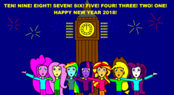 Size: 2374x1298 | Tagged: safe, artist:samueljcollins1990, applejack, fluttershy, pinkie pie, rainbow dash, rarity, sunset shimmer, twilight sparkle, equestria girls, g4, big ben, fireworks, happy new year, happy new year 2018, holiday, new year