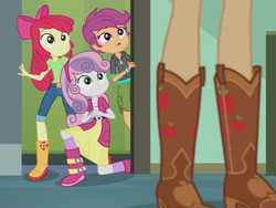Size: 2048x1536 | Tagged: safe, screencap, apple bloom, applejack, scootaloo, sweetie belle, equestria girls, g4, happily ever after party, happily ever after party: applejack, my little pony equestria girls: better together, boots, clothes, cowboy boots, cutie mark crusaders, legs, out of context, pictures of legs, shoes, shorts, skirt