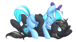 Size: 2854x1568 | Tagged: safe, artist:scarlet-spectrum, oc, oc only, oc:artic heart, oc:onyx guard, pegasus, pony, unicorn, bow, commission, hair bow, oc x oc, shipping, simple background, smiling, transparent background