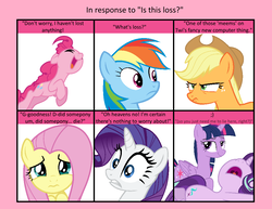 Size: 1019x785 | Tagged: safe, editor:moonatik, applejack, fluttershy, pinkie pie, rainbow dash, rarity, starlight glimmer, twilight sparkle, g4, 6 pony meme, angry, confused, cute, exploitable meme, happy, looking at you, loss (meme), lying down, meme, one eye closed, sad, shocked, smug, wink