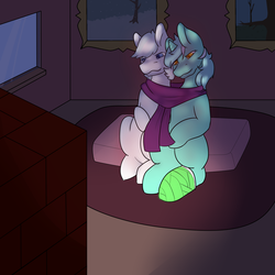 Size: 2000x2000 | Tagged: safe, artist:snows-undercover, double diamond, lyra heartstrings, earth pony, pony, unicorn, g4, bandage, blushing, broken leg, cabin, cast, clothes, crack shipping, cute, female, fireplace, high res, leg cast, lymond, male, mare, pillow, scarf, shipping, snow, stallion, straight, tree, window