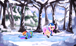 Size: 3726x2250 | Tagged: safe, artist:thefloatingtree, fluttershy, rainbow dash, pegasus, pony, g4, beanie, clothes, cute, female, forest, frown, hat, high res, ice, ice skating, mare, prone, raised hoof, raised leg, scenery, sliding, smiling, snow, tree, wide eyes, winter