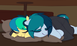 Size: 1544x932 | Tagged: safe, artist:shinodage, oc, oc only, oc:apogee, oc:delta vee, pony, bed, cute, delta vee's junkyard, eyes closed, female, floppy ears, freckles, mare, mother and daughter, sleeping, smiling, wholesome