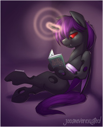 Size: 1036x1280 | Tagged: safe, artist:jcosneverexisted, oc, oc only, oc:darkpony, changeling, book, male, patreon, purple changeling, reading, reward, sitting