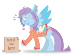 Size: 1000x707 | Tagged: safe, artist:jodi sli, oc, oc only, oc:glass rose, pegasus, pony, 2018 community collab, derpibooru community collaboration, box, candy, clothes, cutie mark, female, food, lineless, lollipop, one eye closed, outfit, simple background, smiling, solo, transparent background, wink