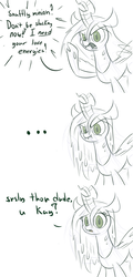Size: 800x1670 | Tagged: safe, artist:heir-of-rick, queen chrysalis, changeling, changeling queen, g4, ..., comic, cute, cutealis, dialogue, female, monochrome, open mouth, raised hoof, scrunchy face, simple background, sketch, solo, talking to viewer, white background
