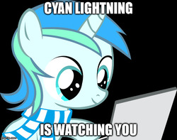 Size: 634x500 | Tagged: safe, artist:cyanlightning, oc, oc only, oc:cyan lightning, pony, unicorn, g4, big brother is watching, black background, clothes, colt, computer, laptop computer, male, meme, scarf, simple background, watching
