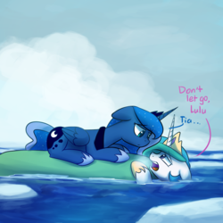 Size: 1200x1200 | Tagged: safe, artist:anticular, princess celestia, princess luna, alicorn, pony, ask sunshine and moonbeams, boat, cropped, crown, dialogue, duo, female, floppy ears, jewelry, looking at each other, mare, ocean, open mouth, regalia, titanic, water