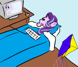 Size: 426x364 | Tagged: safe, starlight glimmer, pony, unicorn, g4, bed, computer, female, keyboard, kite, lying down, mare, meme, on back, solo