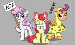 Size: 1200x720 | Tagged: safe, artist:hardbrony, apple bloom, scootaloo, sweetie belle, earth pony, pegasus, pony, unicorn, g4, clothes, costume, cutie mark crusaders, cyrillic, eyes closed, female, filly, gray background, kek, meme, russian, sign, simple background, smiling, trio