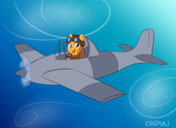 Size: 1000x733 | Tagged: safe, artist:empyu, scootaloo, pony, g4, aviator hat, bomber jacket, female, filly, goggles, hat, pilot, plane, sky, smiling, solo