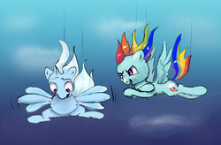 Size: 1200x785 | Tagged: safe, artist:xbi, rainbow dash, trixie, pony, g4, falling, prank