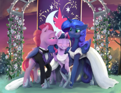 Size: 6600x5100 | Tagged: safe, artist:silfoe, fizzlepop berrytwist, princess luna, tempest shadow, twilight sparkle, alicorn, pony, unicorn, comic:my little sluts, my little pony: the movie, absurd resolution, blushing, bowtie, broken horn, clothes, commission, cutie mark, dress, eye scar, eyes closed, female, floppy ears, horn ring, hug, kissing, lesbian, lesbian wedding, lidded eyes, mare, mare in a suit, marriage, polyamory, polygamy, ring, scar, shipping, smiling, suit, tempestlight, tempestluna, tunapest, twilight sparkle (alicorn), twiluna, twilunapest, wedding, wedding dress, wedding ring, winghug