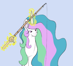 Size: 600x540 | Tagged: safe, artist:greyscaleart, artist:szafir87, princess celestia, twilight sparkle, alicorn, pony, unicorn, the tiny apprentice, g4, animated, behaving like a fish, blue background, cookie, cute, female, filly, filly twilight sparkle, fishing rod, food, glowing horn, horn, loop, magic, mare, simple background, telekinesis, twiabetes, younger
